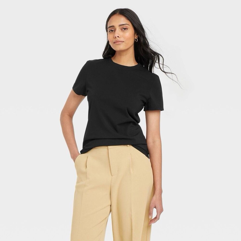A NEW DAY Women Top Small Black Short Sleeve Stretch Crew Neck